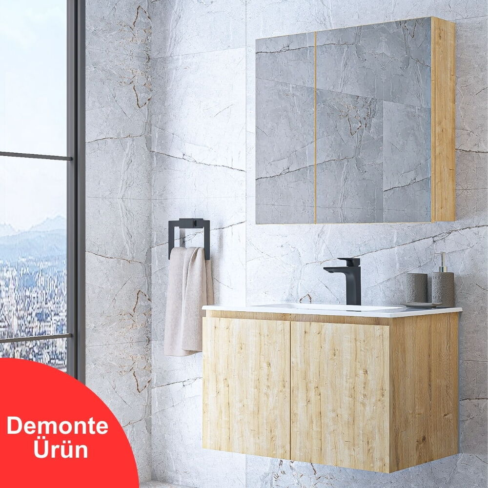 Alpu Ayna Dolaplı Banyo Dolabı Seti Safir Meşe